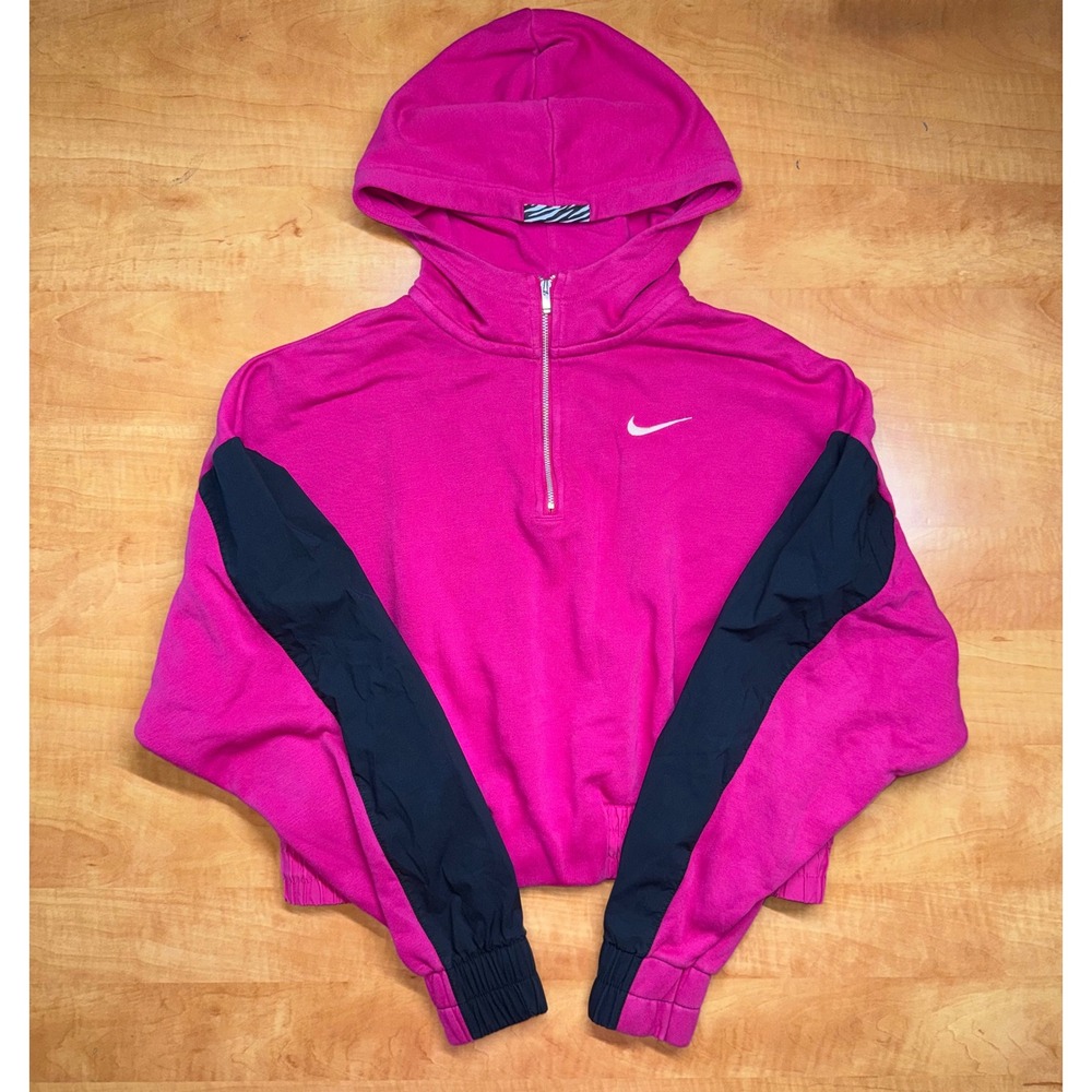 Nike Womens Quarter Zip Cropped Hoodie‎ Pink Black Swoosh Fleece Small